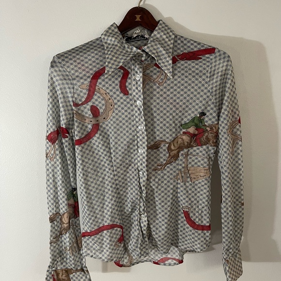 Vintage Disco Button Up Wayne Rogers 100% Nylon Shirt Horses Size 13/14 L - Picture 2 of 5